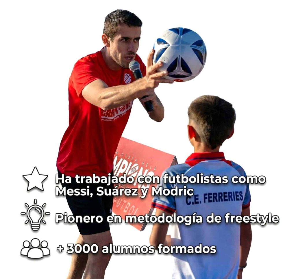Jose Ferreras, pionero en metodología de freestyle, trabajando la técnica individual. Ha formado a +3000 alumnos y colaborado con futbolistas de élite.
